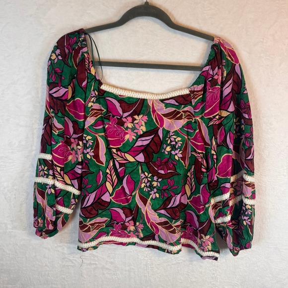 Cynthia Rowley Blouse 100% Linen Floral Boho XL Green Pink Womens - Picture 2 of 3